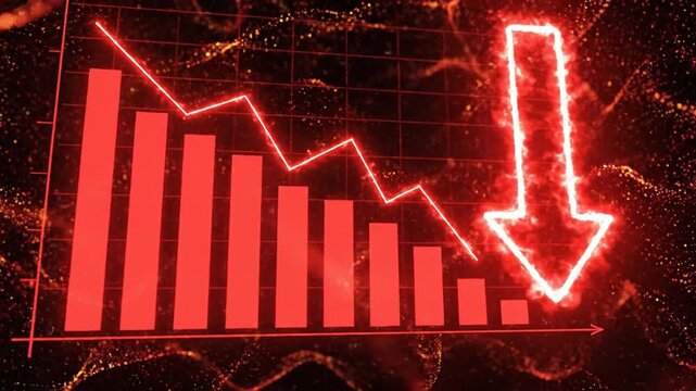 A declining trend is shown in a bar chart with a red neon arrow pointing downwards on a dark background with orange sparks.