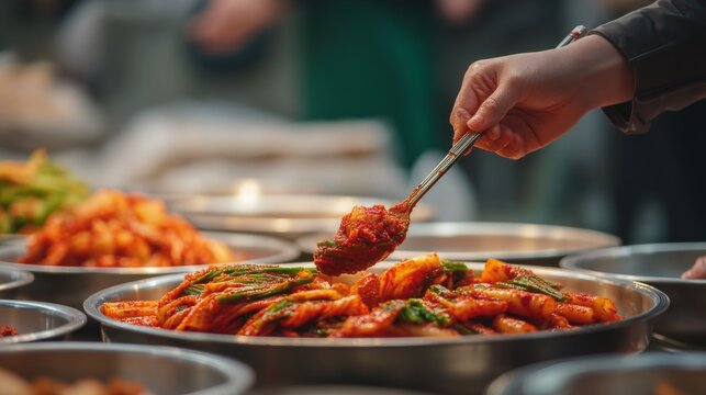 Hand Serving Delicious Kimchi with Fresh Vegetables in a Vibrant Market Setting, Showcasing the Culinary Diversity of Asian Cuisine