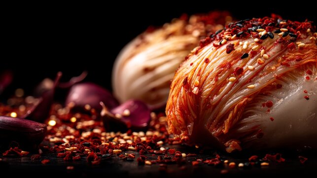Spicy fermented cabbage garnished with fragrant spices and herbs set against a dark background for culinary art and food photography enthusiasts.