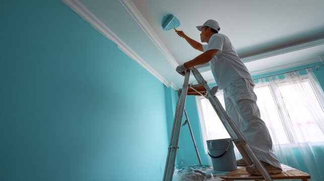 Home or house painting work consist of painter man or worker person and bristles brush, aluminium ladder, bucket to renovation, construction, improvement or repair at crown molding or cornice at wall.