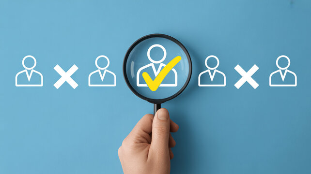 A hand uses a magnifying glass to find the right candidate among abstract person icons on a blue background