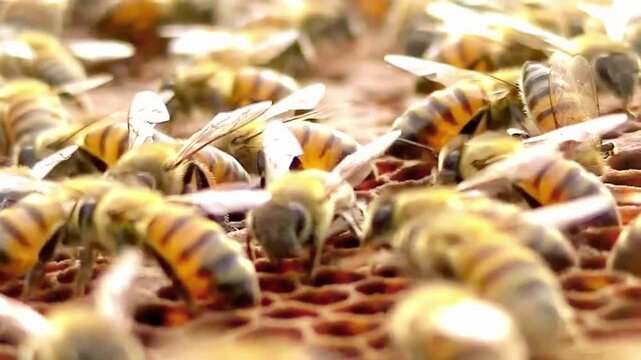 Extreme close-up of honey bees crawling on a honeycomb frame inside a beehive in a backyard apiary.

