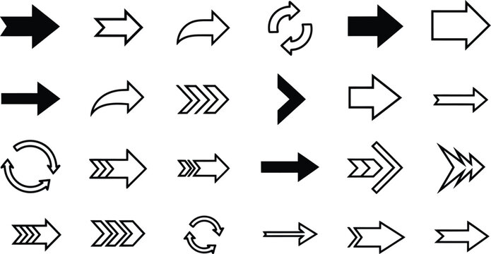 Collection of various black arrows on plain surface for navigation and direction