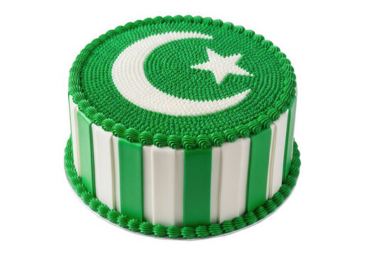 Cake decorated with pakistani flag colors and crescent moon isolated on transparent background