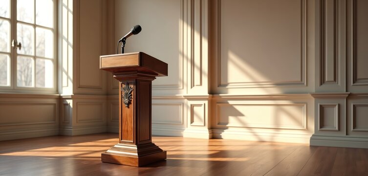 Ornate wooden podium with microphone stands alone in empty room with large windows. Natural light streams across polished floor casting long shadows. Space awaits speaker for formal presentation