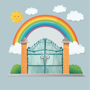 Rainbow Arching Over Ornate Gate with Sun and Clouds