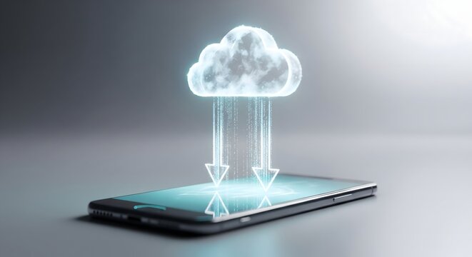 Glowing digital cloud icon with download arrows floating above a generic smartphone on a reflective gray background