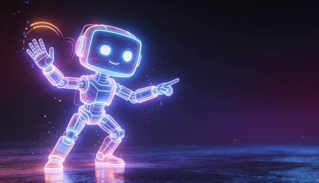 Futuristic Blue Holographic Robot Dancing in Dark Digital Space