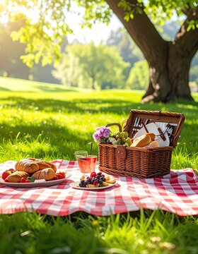 Picnic scene with food on a red checkered blanket, sunlit