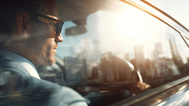 Businessman driving luxury car city reflection sunlight success concept, confident male commuter wearing suit and sunglasses