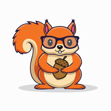 Cute Cartoon Squirrel Wearing Glasses Holding an Acorn