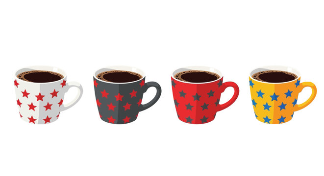 Four colorful ceramic coffee mugs decorated with star patterns arranged in a simple horizontal row display
