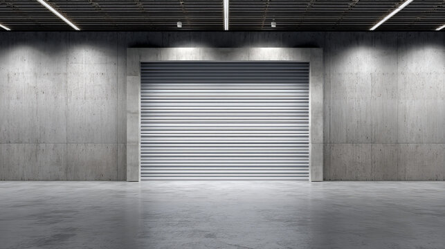 Roller door or roller shutter using for factory, warehouse or hangar. Industrial building interior consist of polished concrete floor and closed door for product display or industry background.