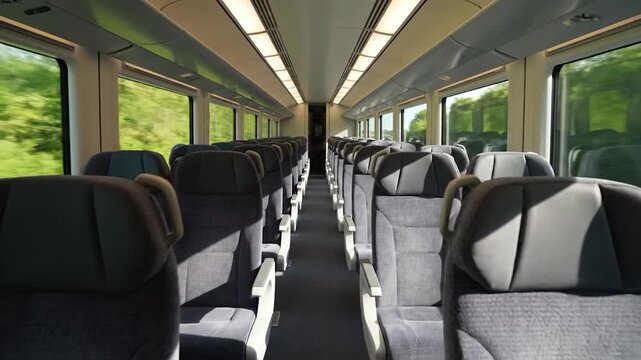 Interior view of a passenger train car with rows of empty seats and large windows overlooking the passing landscape outside