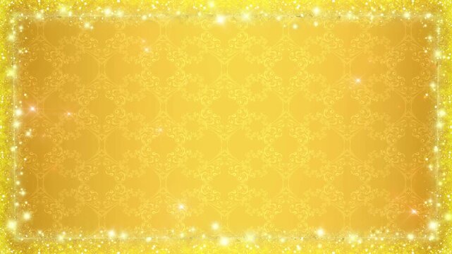 ゴールドフレーム　キラキラ　ループ動画　枠　エレガント　アンティーク　クラシック　豪華　高級感　おしゃれ　タイトル　Shining gold celebration frame background.Sparkling abstract particles of light.Wedding,Anniversary,Award,Christmas.Loop video.