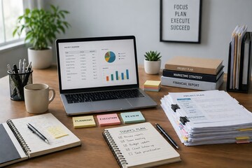 Obraz premium Organized workspace with laptop and documents, productivity concept