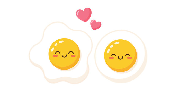 Two cute fried egg characters feeling happy and in love with floating pink hearts above them