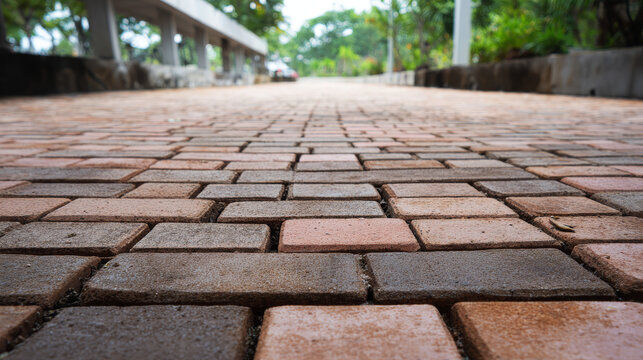 Paver brick floor also call brick paving, paving stone or block paving.
Manufactured from concrete or stone for road, path, driveway and patio. Empty floor in perspective view for texture background.