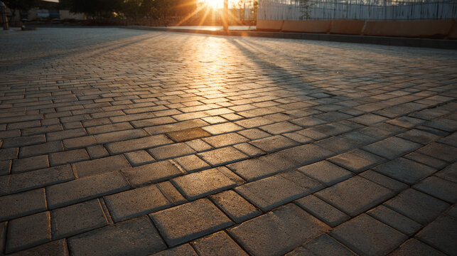 Paver brick floor also call brick paving, paving stone or block paving.
Manufactured from concrete or stone for road, path, driveway and patio. Empty floor in perspective view for texture background.