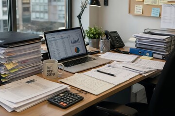 Naklejka premium Busy office desk with paperwork and laptop, corporate workload concept