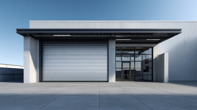Industrial or commercial building exterior. Use as factory, warehouse, store and workplace. Safety and protection with roller door, roller shutter or overhead door. Concrete pavement floor outside.