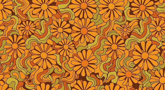 Retro floral pattern with orange daisies and wavy lines 1970s psychedelic art for fabric and wallpaper design seamless background