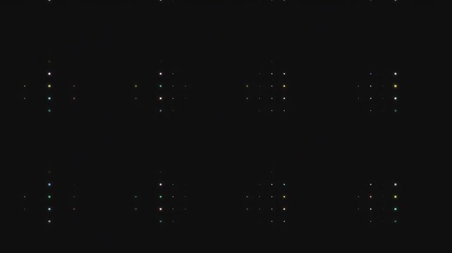 Abstract background with small glowing colorful dots flashing in a grid pattern on a dark backdrop.