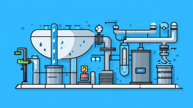Water treatment plant building vector icon. Include wastewater purification, filtration and clean water supply. Industry system or waterworks consist of pump station, filter, sewage, sludge and tank.