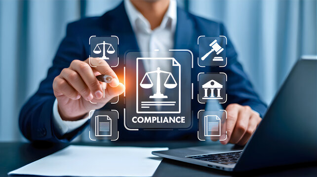 Navigating the complexities of legal compliance with a digital document, scales of justice, and a gavel, representing legal framework and regulatory adherence