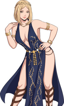 girl in a dress, Anime manga style vector illustration of an attractive blonde woman wearing a revealing dark blue fantasy gown and gold jewelry isolated on a white background