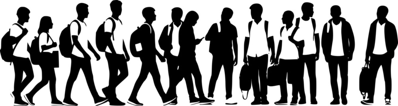 ull length black silhouette of students and young professionals walking and standing with backpacks and bags, diverse group isolated on white background, 