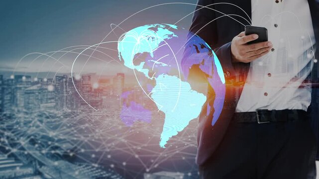Global network connection visualization showing data exchange, digital link, worldwide communication. Global data flow and digital network infrastructure connecting regions around the world. Thunk