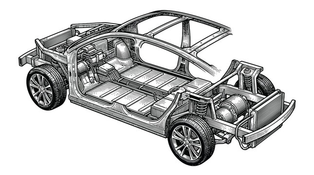 Cutaway View of a Car Chassis and Interior Framework.