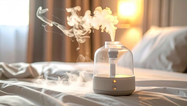 Clear medical nebulizer device releasing therapeutic mist in a softly lit indoor setting
