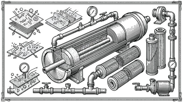 Industrial Filtration System Cylindrical Tank Diagram.