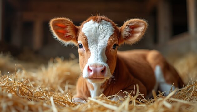 Brown and white calf rests in soft yellow hay inside barn. This farm animal looks directly at camera. Cute creature enjoys quiet farm life. Domesticated mammal slepic peacefully.