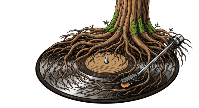 Tree roots grow out of a vinyl record with a turntable arm.