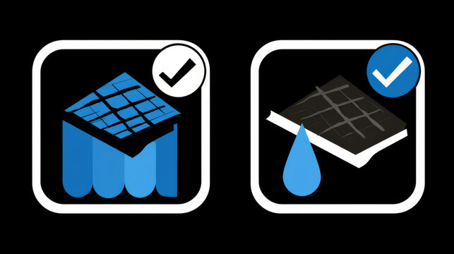 Waterproof icon and water leak icon. Roof deck and rooftop damaged result in rain water leak problem and repair by primer paint then coating with bituminous waterproof membrane. Vector icon design.