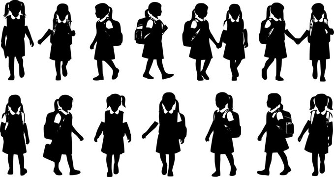 School girl silhouette icons set, primary student with backpack walking to class, 10 black vector figures of young female pupils for education design
