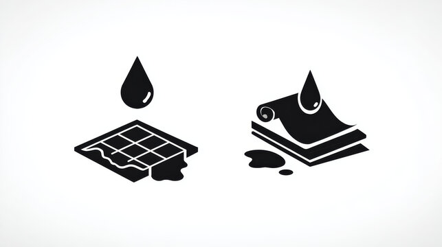 Waterproof icon and water leak icon. Roof deck and rooftop damaged result in rain water leak problem and repair by primer paint then coating with bituminous waterproof membrane. Vector icon design.