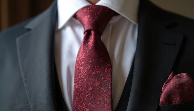 Man wears formal suit with burgundy patterned tie and matching pocket square. White shirt provides contrast to dark jacket. Elegant menswear detail for special events.