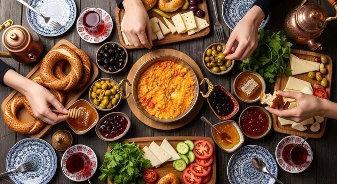 Overhead Shot Turkish Breakfast Spread with Hands Reaching for Food