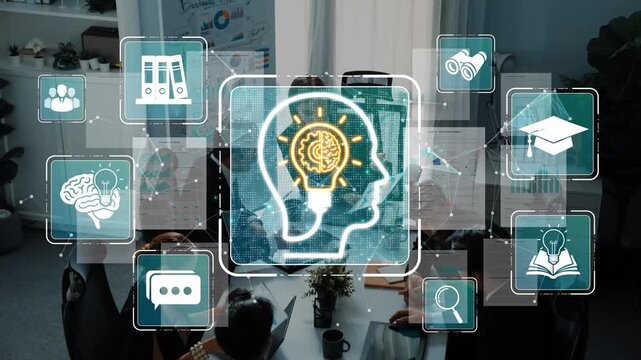 Digital Brain Concept Illustration with Icons Representing Knowledge, Learning, and Innovation in a Modern Workspace Setting Sigmoid