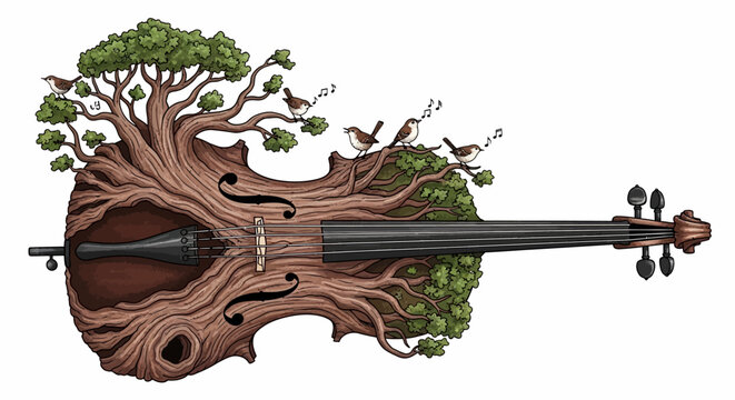 Surreal illustration of a musical violin made of a growing tree with singing birds