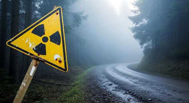 Radiation sign at a sharp turn on a foggy forest road. Environmental contamination, disaster concept.