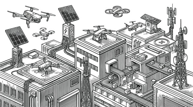 Tech network rooftop city infrastructure illustration.