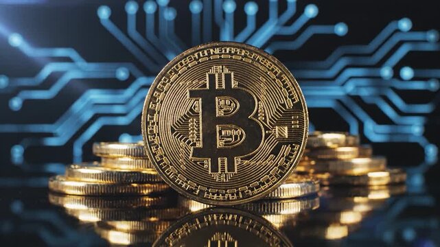 A golden coin with a capital letter B on it, representing digital currency, sits on a stack of other coins, with a dark background