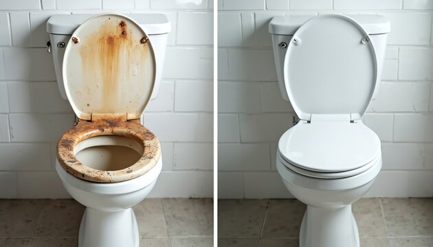 Split image shows dirty toilet before cleaning then spotless after. Before photo reveals rust stains on and lid. After photo displays clean white bathroom porcelain.