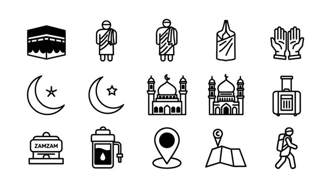 black and white single icon set featuring Hajj pilgrimage symbols including Kaaba, pilgrim, ihram clothing, prayer hands, crescent moon, mosque, luggage, Zamzam water, map pin, and walking pilgrim. 