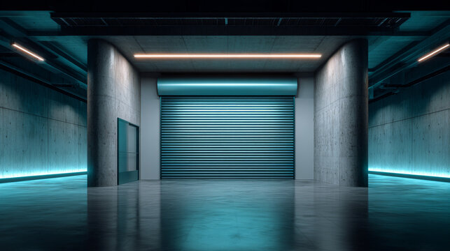 Roller door or roller shutter using for factory, warehouse or hangar. Industrial building interior consist of polished concrete floor and closed door for product display or industry background.